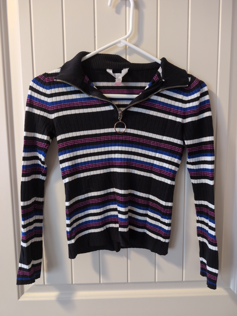 Striped Rib-Knit Half-Zip Sweater